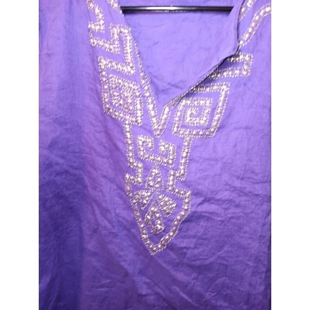 Chicos Top Womens Sz 1 Oversized Purple Linen Beaded V-Neck Casual Basic - Picture 2 of 6